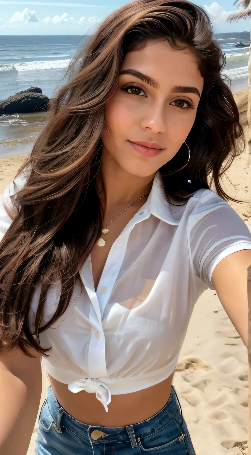 Uma branca de 23 anos, ((seios grandes)), ((hiperrealismo)) ,. cabelo castanho claro com raiz loira clara. cabelo loiro, Hair with brown roots, cabelo extra longo, cabelo muito comprido, cabelo muito comprido, lindo, vista frontal, selfie, foto tirada com iPhone, camisa preta elegante com escote, corte baixo, selfie na praia, alta qualidade, selfie iPhone, decote, Hispanic, big lip with green eyes