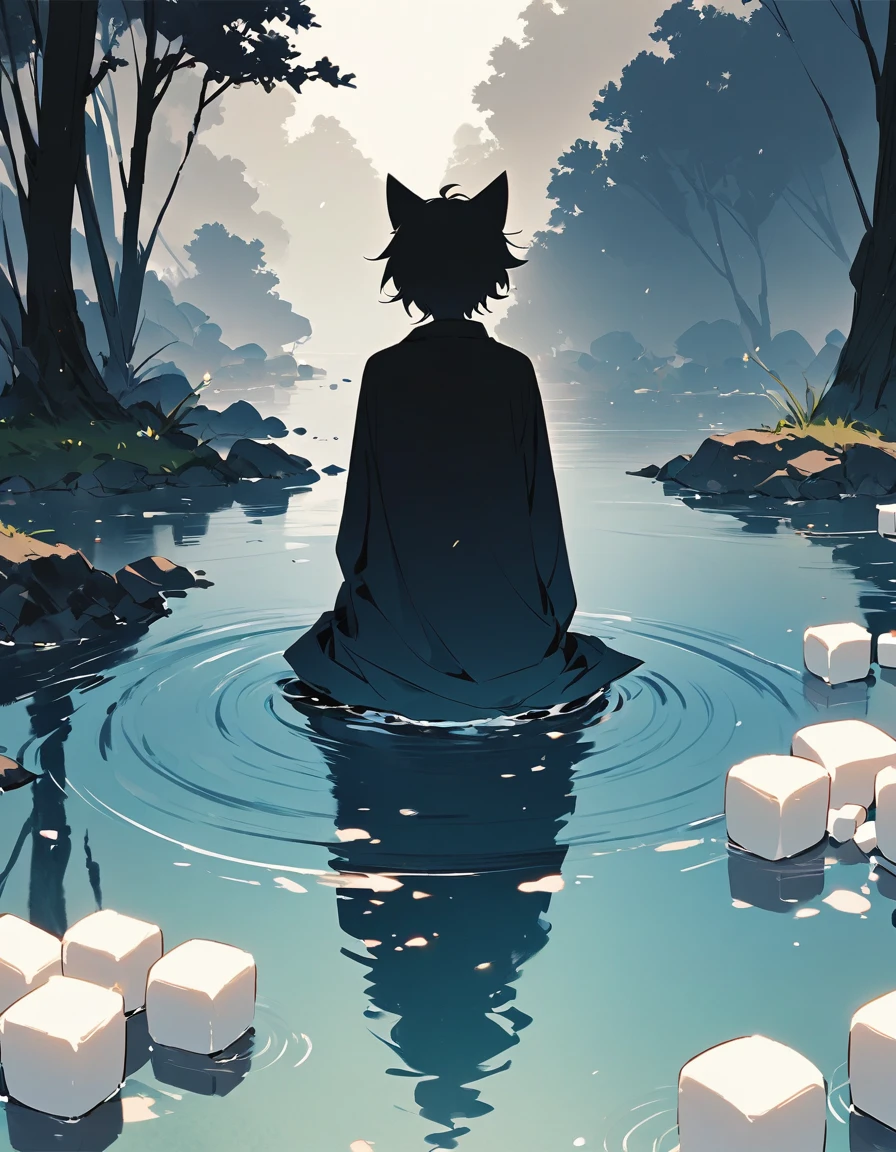 "((peaceful)) Scenes, stray cat跪着沉思, ((ripples in the pond)), ((Marshmallow Cloud)), ((Silhouette of a gnarled tree)), Professional photography, ((rule of thirds)), High resolution, best quality