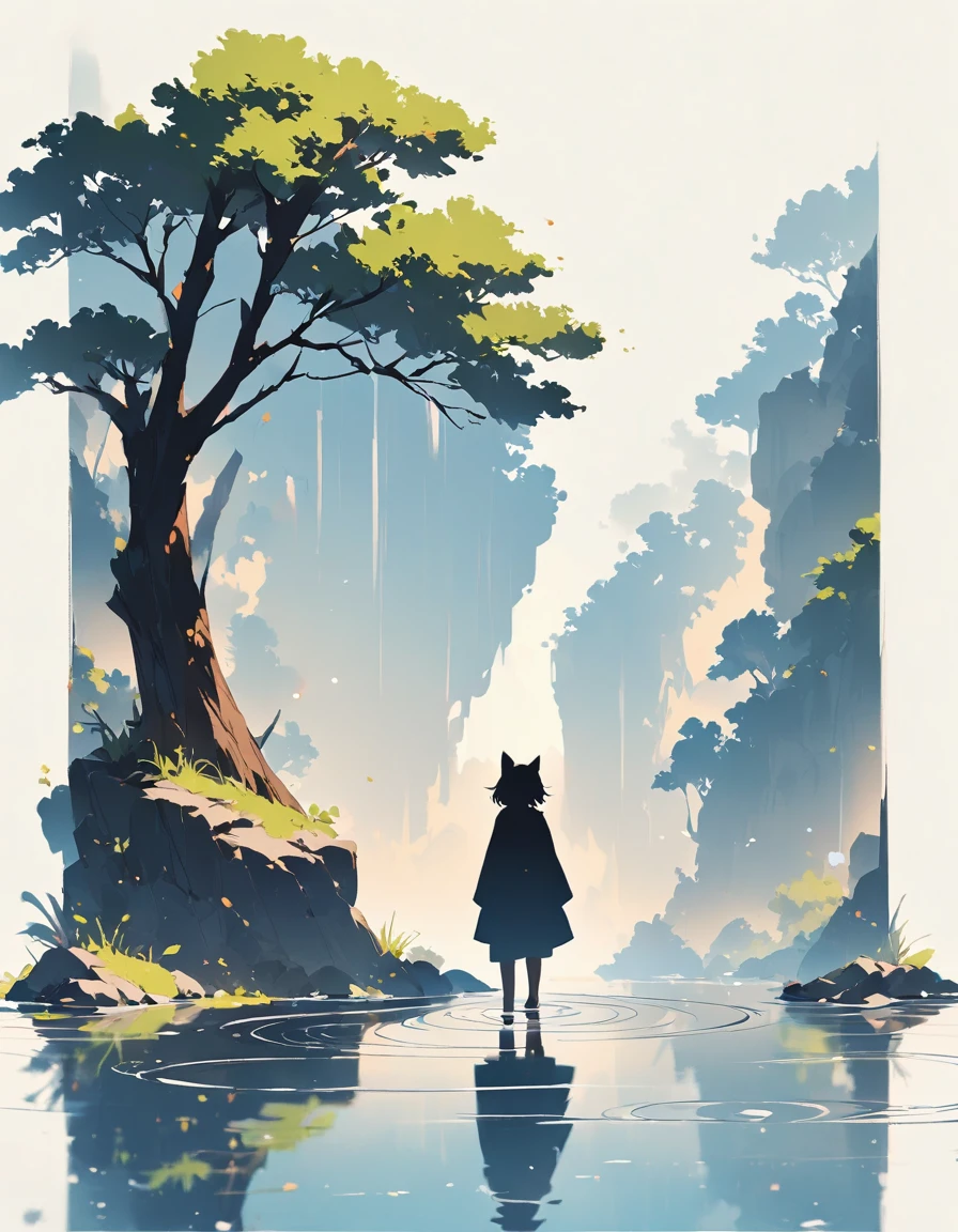 "((peaceful)) Scenes, stray cat跪着沉思, ((ripples in the pond)), ((Marshmallow Cloud)), ((Silhouette of a gnarled tree)), Professional photography, ((rule of thirds)), High resolution, best quality