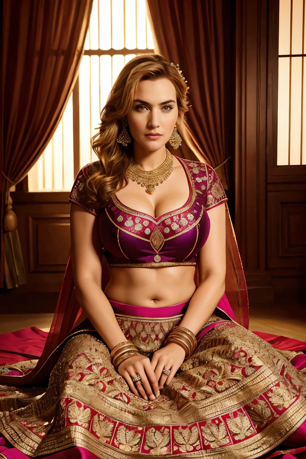 Kate Winslet adorned in a vibrant lehenga choli set, round deep navel, eyes symmetry, face symmetry, HDR, bold and rich colors, intricate embellishments, and festive accessories for a celebratory look, HDR