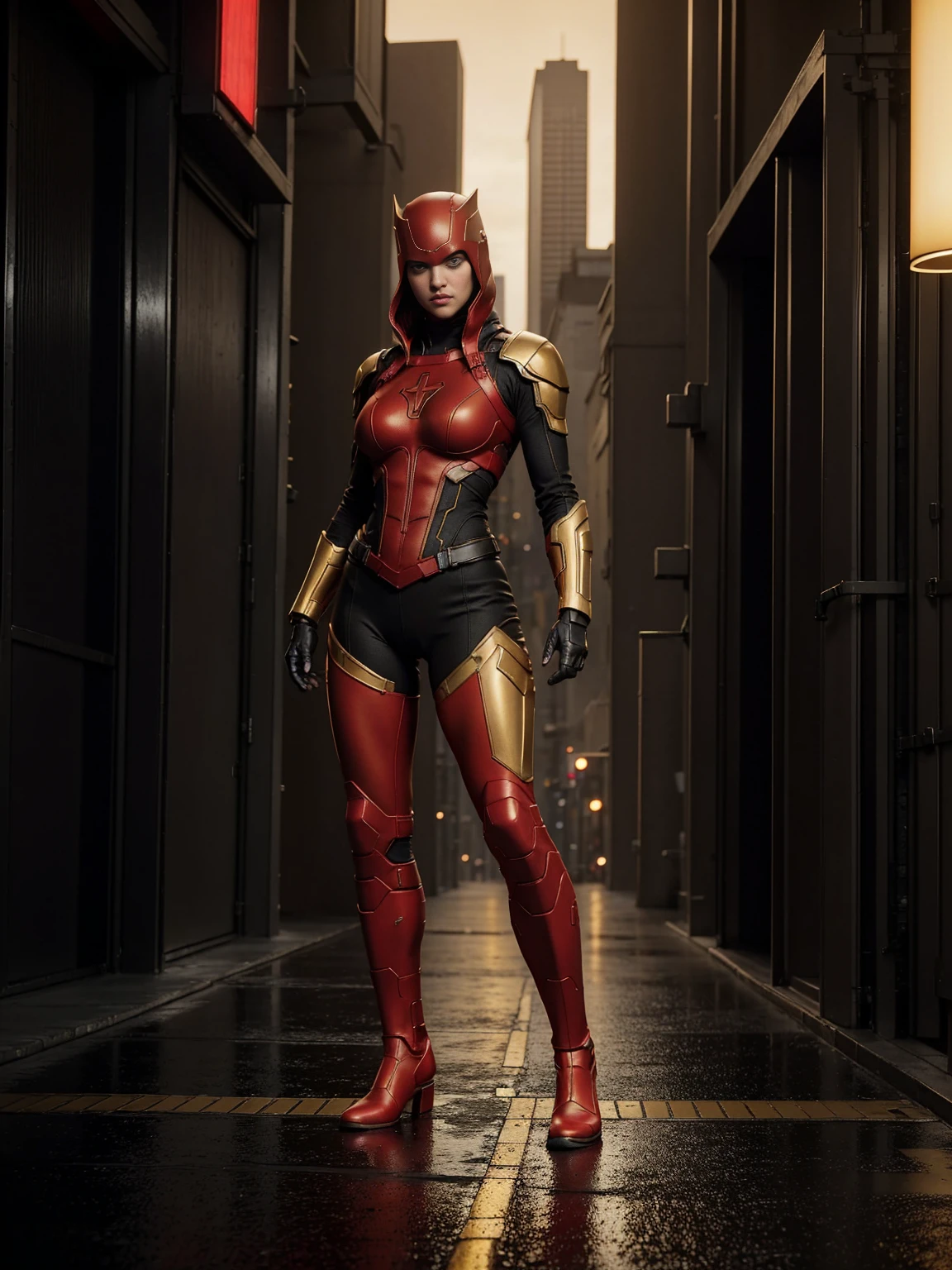 ((full body photo, standing, feet on the ground)) Amanda Seyfried as Daredevil, wears red, black and gold Daredevil cyberpunk armor, dynamic pose, cleavage, pinching, camel toe, pubic shape clearly visible, partially visible, proper eye position, specific skin texture, natural skin, backlight, cinematic light, soft light, hips, night time, on the roof, city background, graduated background in developed cores, intricate, highly detailed, rendering octane, high definition, 8k
