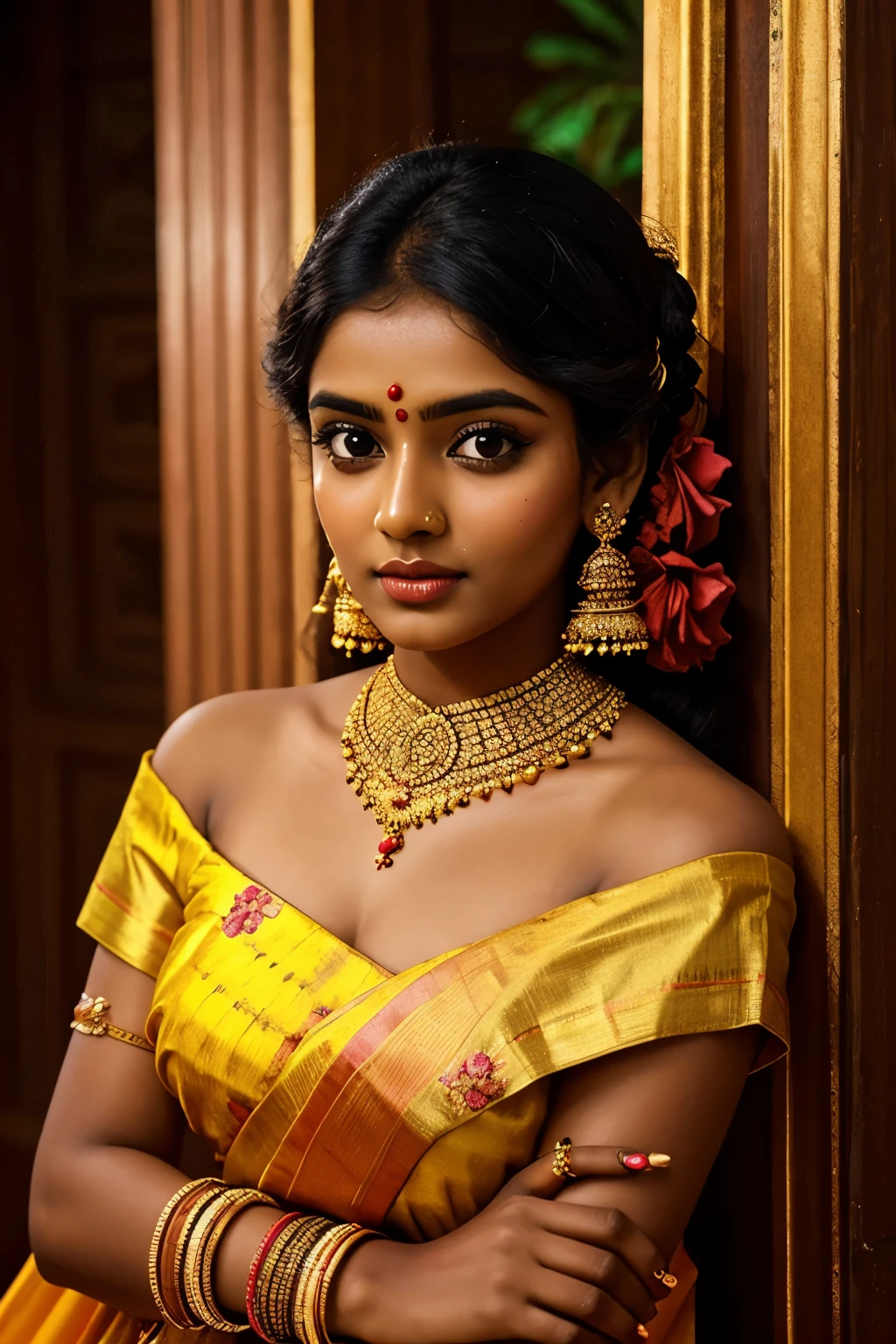 Tamil girl adorned in a vibrant off shoulder floral frock, eyes symmetry, face symmetry, HDR, bold and rich colors, intricate embellishments, and festive accessories for a celebratory look, HDR