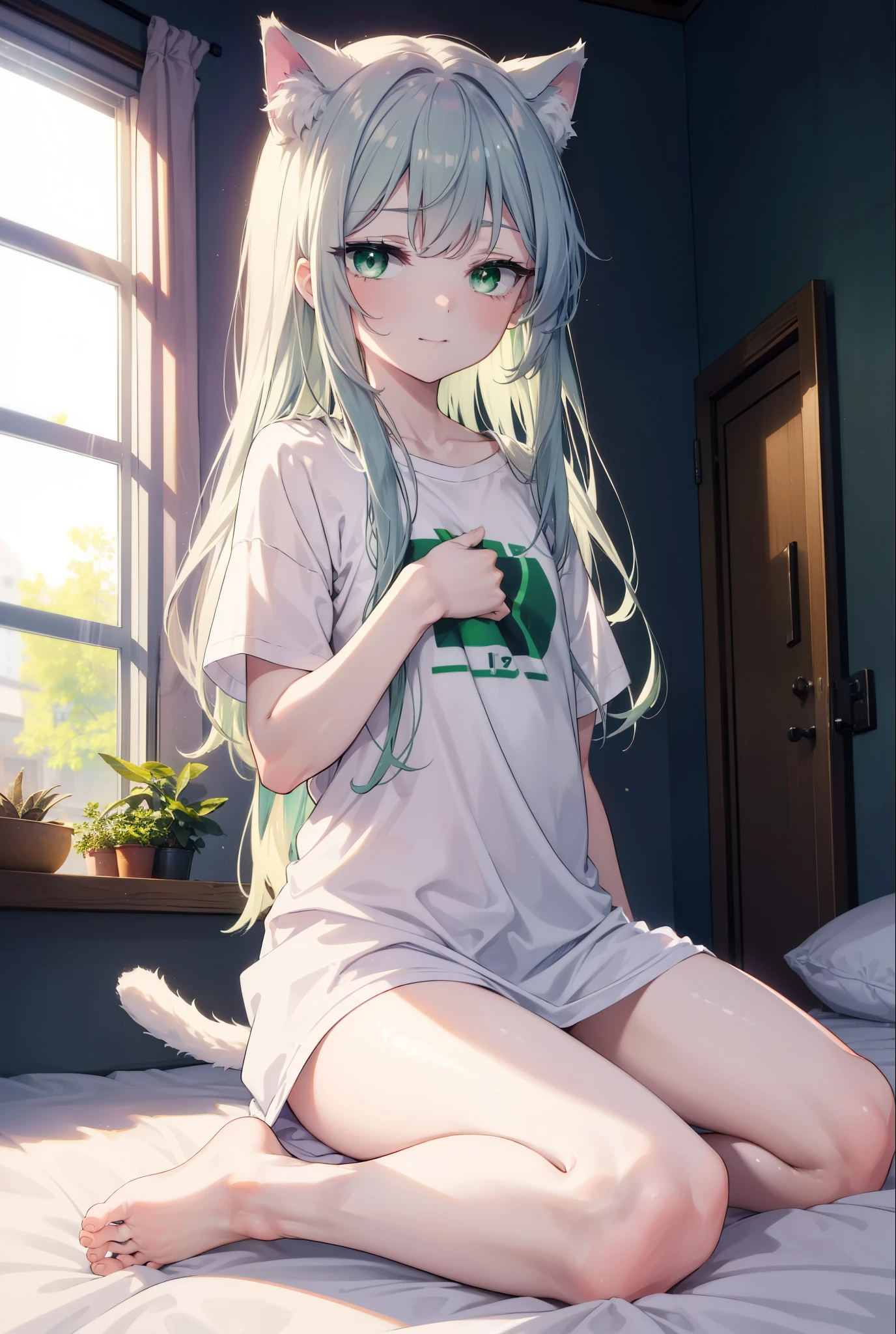 index, index, (green eyes:1.5), silver hair, long hair, (flat chest:1.2),Cat ear,cat tail,happy smile, smile, open your mouth,T-shirt with a bare cat print, oversized tシャツ, oversized t-shirt,black string underwear, barefoot,barefoot,arm behind head, Sitting on the bed,morning,morning日,the sun is rising,
break looking at viewer, Upper body, whole body,
break indoors, Bedroom,
break (masterpiece:1.2), highest quality, High resolution, unity 8k wallpaper, (figure:0.8), (beautiful deしっぽed eyes:1.6), extremely deしっぽed face, perfect lighting, extremely deしっぽed CG, (perfect hands, perfect anatomy),