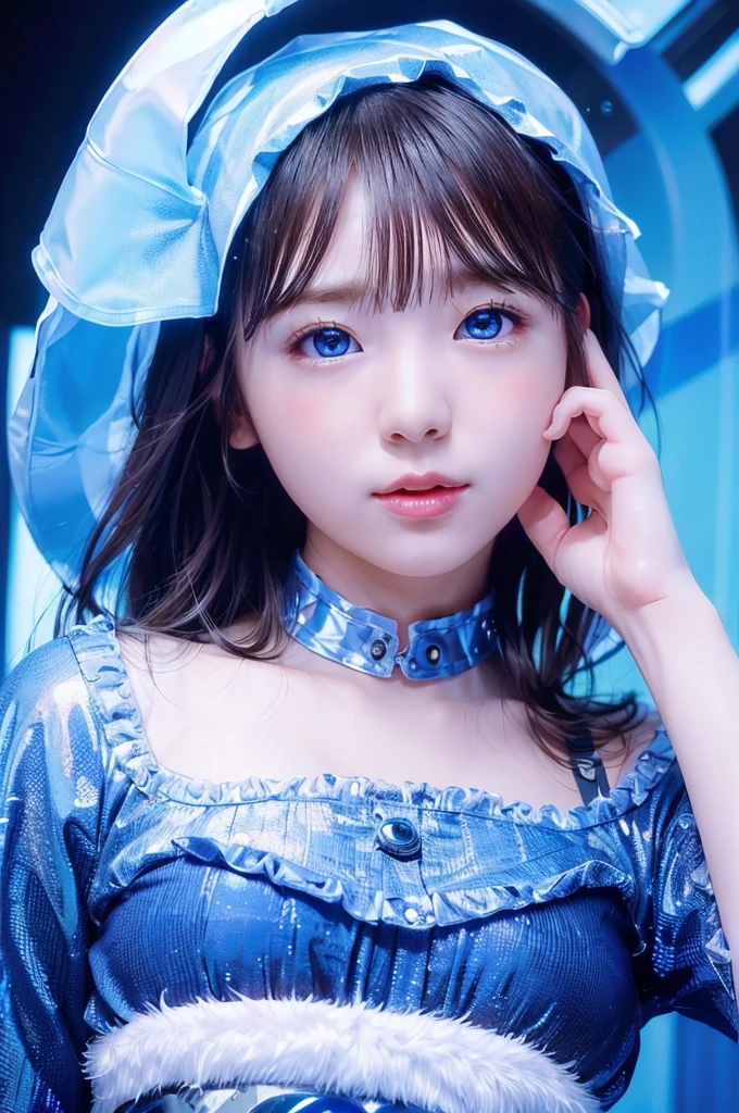 ８K, portrait, portrait, (alone), masterpiece, highest quality, Blue glowing plasma ball、 (((slim)))、flat body、、cute、round face、、((Close-up of a headshot))、、、(shining blue eyes)