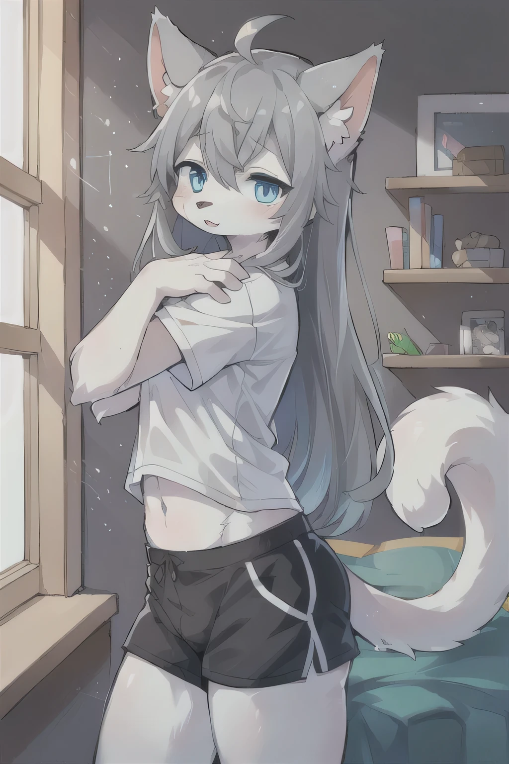 anthro boy cat, long hair, cat tail, solo, furry, furry boy, (girly, young, gray fur, gray body, blue eyes, gray hair:1.2), (panties, t-short, black clothes), (detailed background, window, room, day, summer, storm, street, gray background), pose