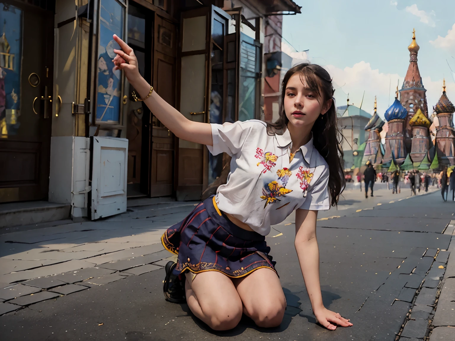 girl in Ukrainian national clothes, embroidered shirt, and a skirt to mid-thigh, kneeling on Red Square in Moscow, with tongue hanging out