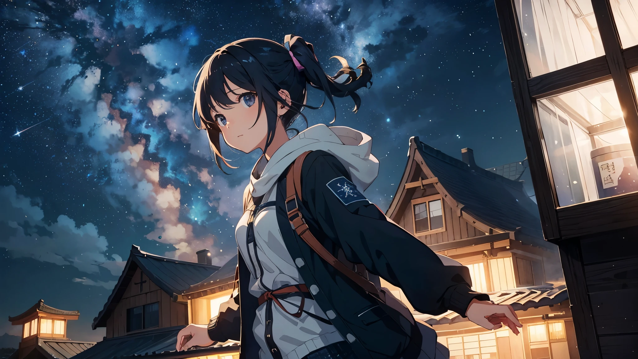 1 girl,exterior,slow, starry sky, Wind景のパノラマ, horizon, rooftop, rooftopに座って, Wind,a plane was flying in the sky