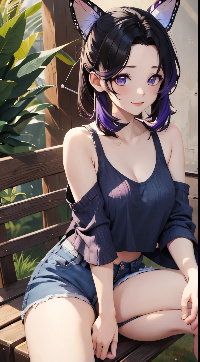 masterpiece, best quality, highres, 1girl, solo, kochou shinobu, butterfly hair ornament, purple eyes, multicolored hair, short hair, parted bangs, haori, wide sleeves, tank top, jeans,denim shorts sitting, bench, outdoors, smile,