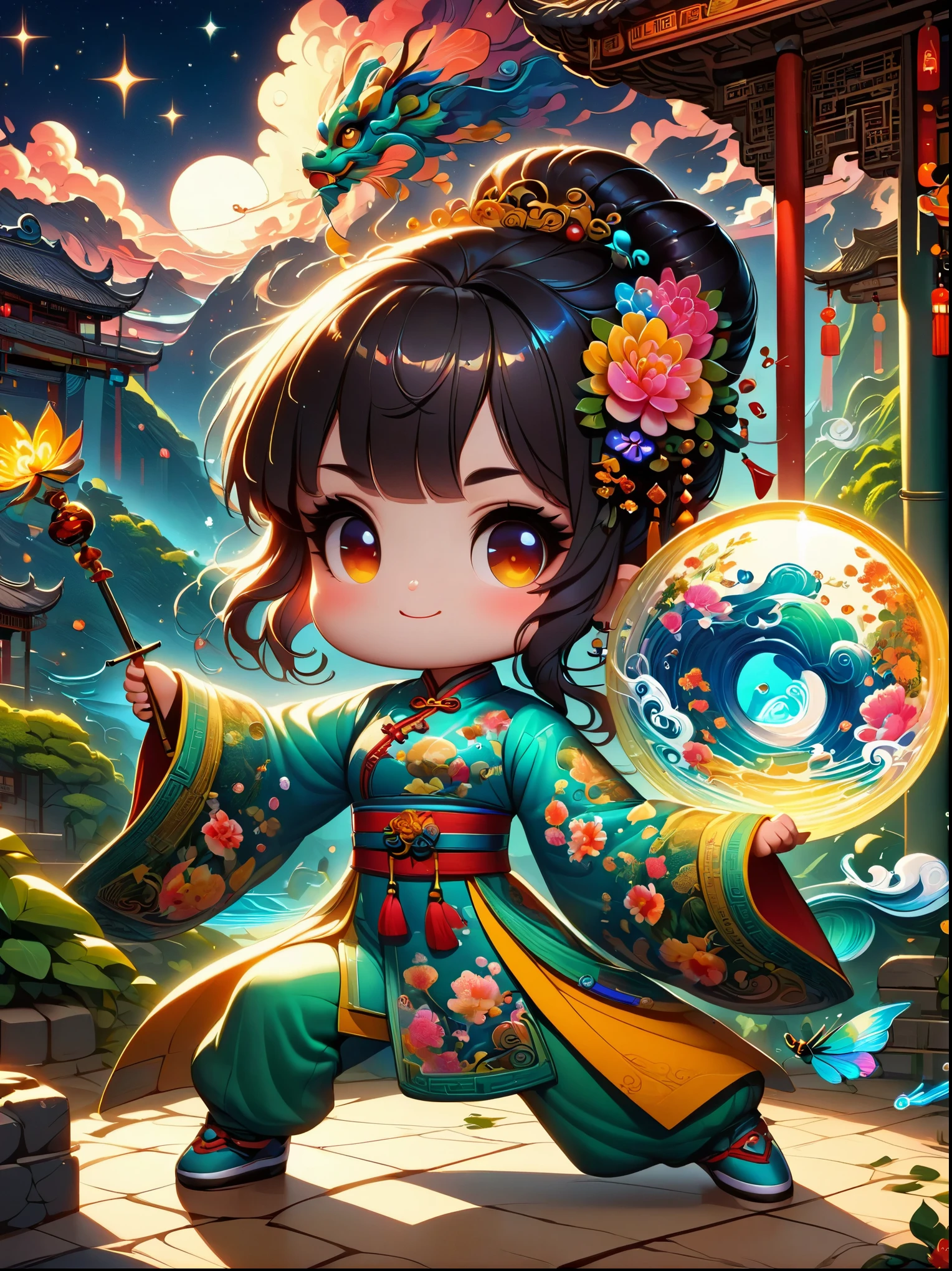 Realistic depiction of a woman in sparkling clothing，Encapsulated in a kawaii aesthetic style with liquid light elements，Reflecting the deep connection with the essence of Chinese culture and fairy tales。the work emphasizes intricate details that might be overlooked in a moment，Blending traditional Chinese themes with a whimsical modern twist。The color scheme is reminiscent of a sun-kissed palette，Full of warmth and vitality。The scene is captured in a realistic photography style，Use a mid-range shot，Showcasing the fusion of traditional and contemporary creativity。