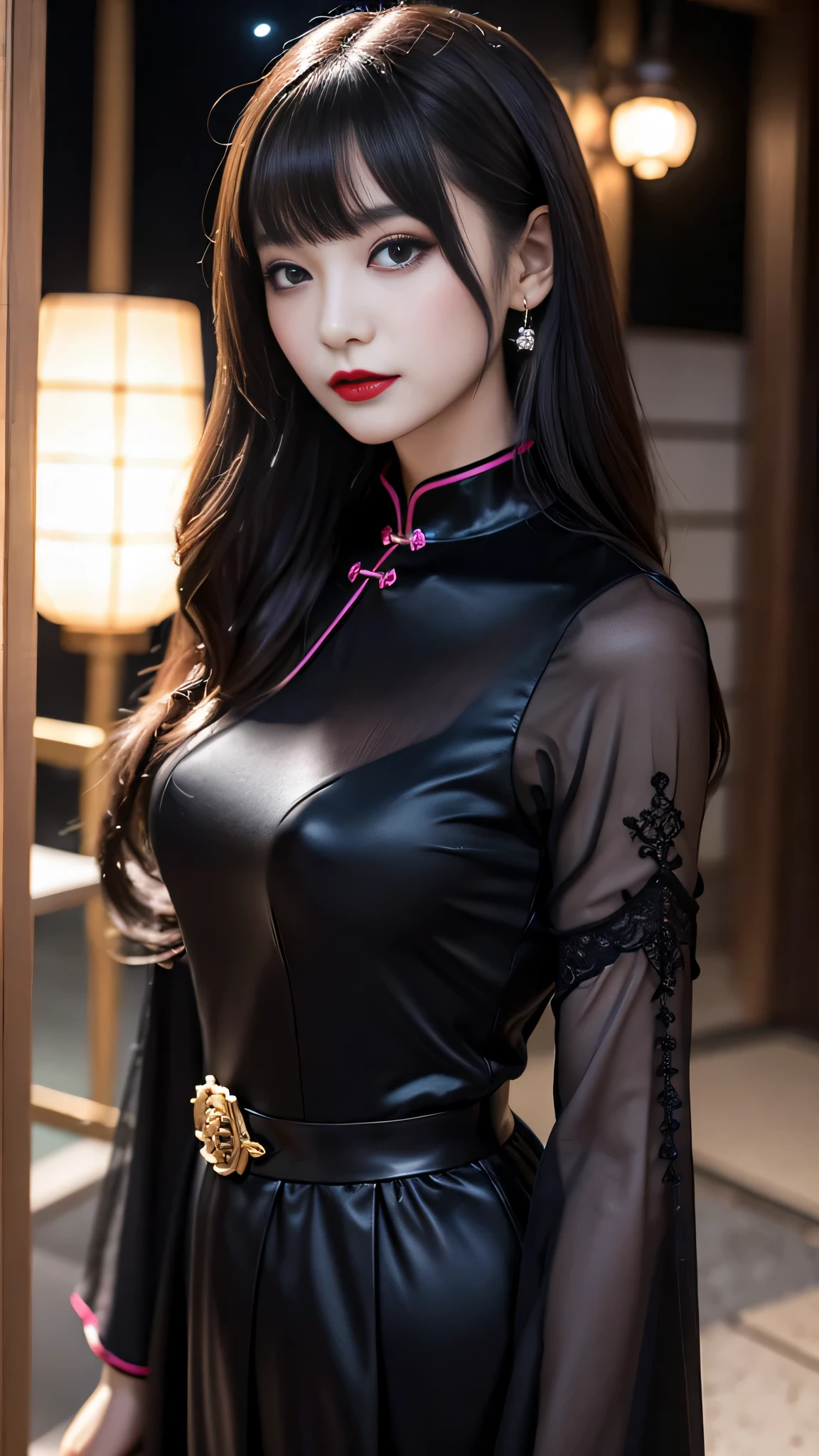 detailed、Japanese、charming beauty、seductive adult woman、Beautiful woman、sharp eyes、cool girl、wavy hair、flowing bangs、long black cheongsam、wide sleeve、evilの幹部、evil depravity、brainwashing、Mind control、lipstick、lip gloss、grin、evilな表情、evil、empty eyes、evil、night walk、vampire、Succubus、vampire、makeup brush