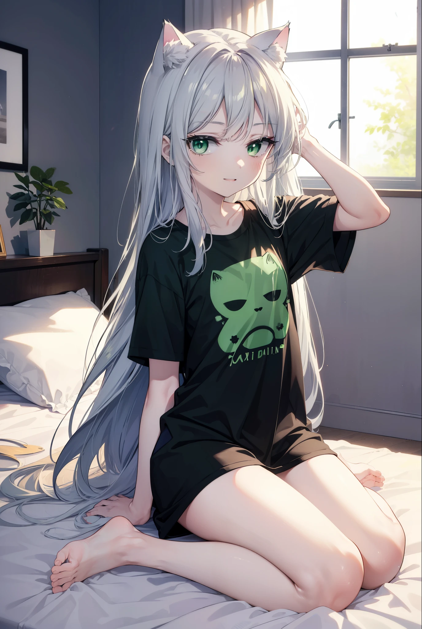 index, index, (green eyes:1.5), silver hair, long hair, (flat chest:1.2),Cat ear,cat tail,happy smile, smile, open your mouth,T-shirt with a bare cat print, oversized tシャツ, oversized t-shirt,black string underwear, barefoot,barefoot,arm behind head, Sitting on the bed,morning,morning日,the sun is rising,
break looking at viewer, Upper body, whole body,
break indoors, Bedroom,
break (masterpiece:1.2), highest quality, High resolution, unity 8k wallpaper, (figure:0.8), (beautiful deしっぽed eyes:1.6), extremely deしっぽed face, perfect lighting, extremely deしっぽed CG, (perfect hands, perfect anatomy),