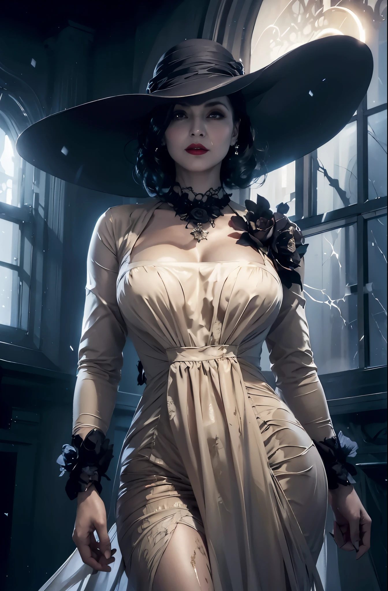 there is a woman in a dress and hat standing in a room, lady dimitrescu, alexandra fomina artstation, elegant victorian vampire, artgerm julie bell beeple, elegant cinematic fantasy art, style of raymond swanland, epic exquisite character art, epic and classy portrait, stunning cgsociety, stunning character art, 8k high quality detailed art