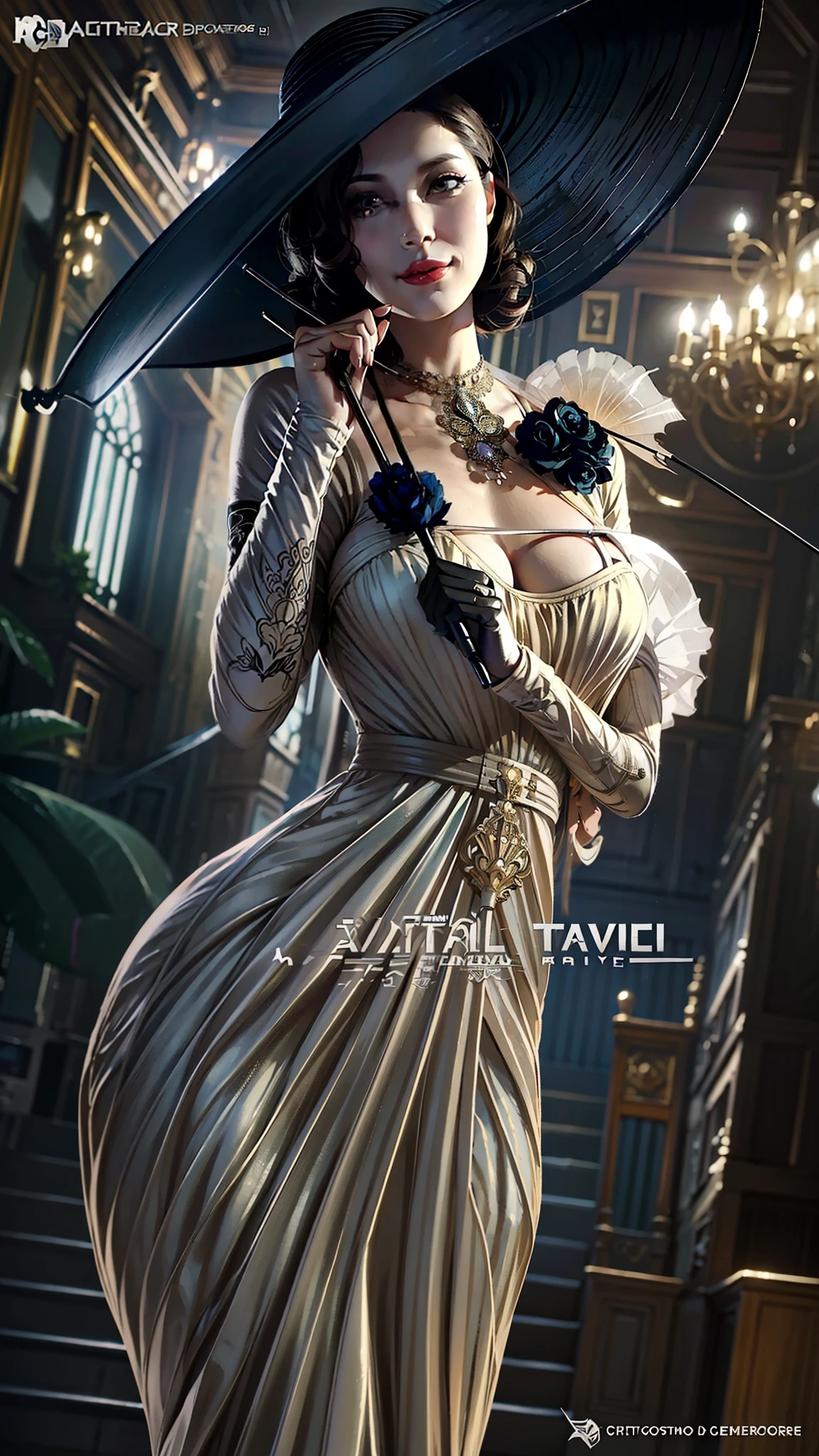 arafed image of a woman in a dress and hat holding an umbrella, style ivan talavera and artgerm, lady dimitrescu, art cover illustration, style of charlie bowater, artgerm style, neoartcore and charlie bowater, style of raymond swanland, in style of charlie bowater, exquisite digital illustration, cgsociety masterpiece