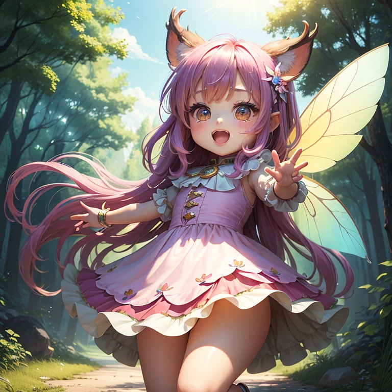 masterpiece、top-quality、ultra-detailliert、(chibi character fairy girl:1.2)、Seven colored rainbow feathers、Open your mouth and start laughing、fairy tale summer forest、deer ears、jumping