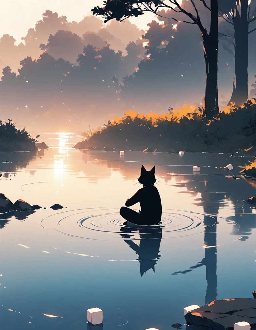 "((peaceful)) Scenes, stray cat跪着沉思, ((ripples in the pond)), ((Marshmallow Cloud)), ((Silhouette of a gnarled tree)), Professional photography, ((rule of thirds)), High resolution, best quality