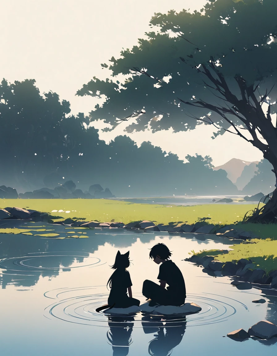 "((peaceful)) Scenes, stray cat跪着沉思, ((ripples in the pond)), ((Marshmallow Cloud)), ((Silhouette of a gnarled tree)), Professional photography, ((rule of thirds)), High resolution, best quality