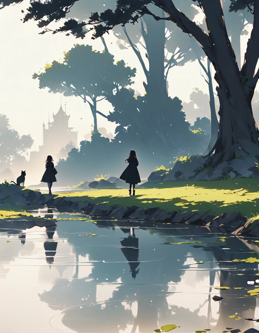 "((peaceful)) Scenes, stray cat跪着沉思, ((ripples in the pond)), ((Marshmallow Cloud)), ((Silhouette of a gnarled tree)), Professional photography, ((rule of thirds)), High resolution, best quality