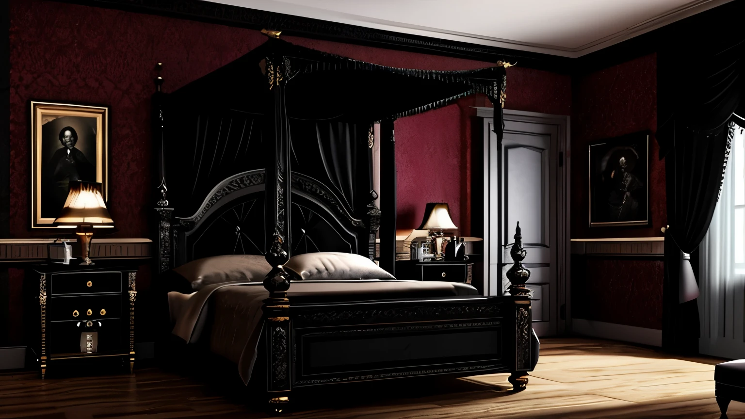 Create a compelling scene in the style of the 1880s of an opulent bedroom within Arafed, featuring a grand fireplace casting flickering shadows across ornate gothic walls. The bed, adorned with a luxurious canopy, commands attention, draped in rich, dark fabrics. This gothic mansion room exudes an air of mystery, with dim lighting accentuating intricate details. The Victorian-inspired furniture adds to the room's historical charm, while a photorealistic dark concept art captures the depth of shadows and textures. Within this dark bedroom, the ambiance hauntingly elegant, reminiscent of a bygone era. Venture deeper into the dark mansion, where the room mirrors the gothic doll manor aesthetic. The gothic interior a masterful blend of gothic architecture and hauntingly beautiful design elements. As you explore, the gothic mansion unfolds, revealing an epic library bathed in an otherworldly glow. The gothic castle's interior boasts a dreamy atmosphere and drama, immersing you in a dark fantasy setting. Visualize this scene with unreal engine fantasy art, emphasizing an eerie art style that captivates the imagination.