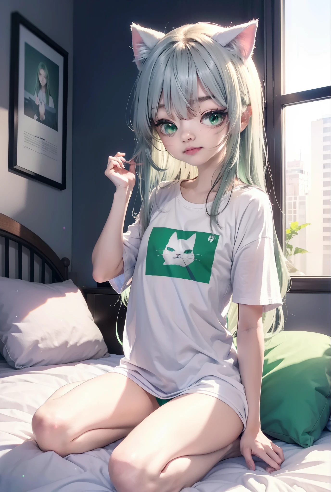 index, index, (green eyes:1.5), silver hair, long hair, (flat chest:1.2),Cat ear,cat tail,happy smile, smile, open your mouth,T-shirt with a bare cat print, oversized tシャツ, oversized t-shirt,black string underwear, barefoot,barefoot,arm behind head, Sitting on the bed,morning,morning日,the sun is rising,
break looking at viewer, Upper body, whole body,
break indoors, Bedroom,
break (masterpiece:1.2), highest quality, High resolution, unity 8k wallpaper, (figure:0.8), (beautiful deしっぽed eyes:1.6), extremely deしっぽed face, perfect lighting, extremely deしっぽed CG, (perfect hands, perfect anatomy),