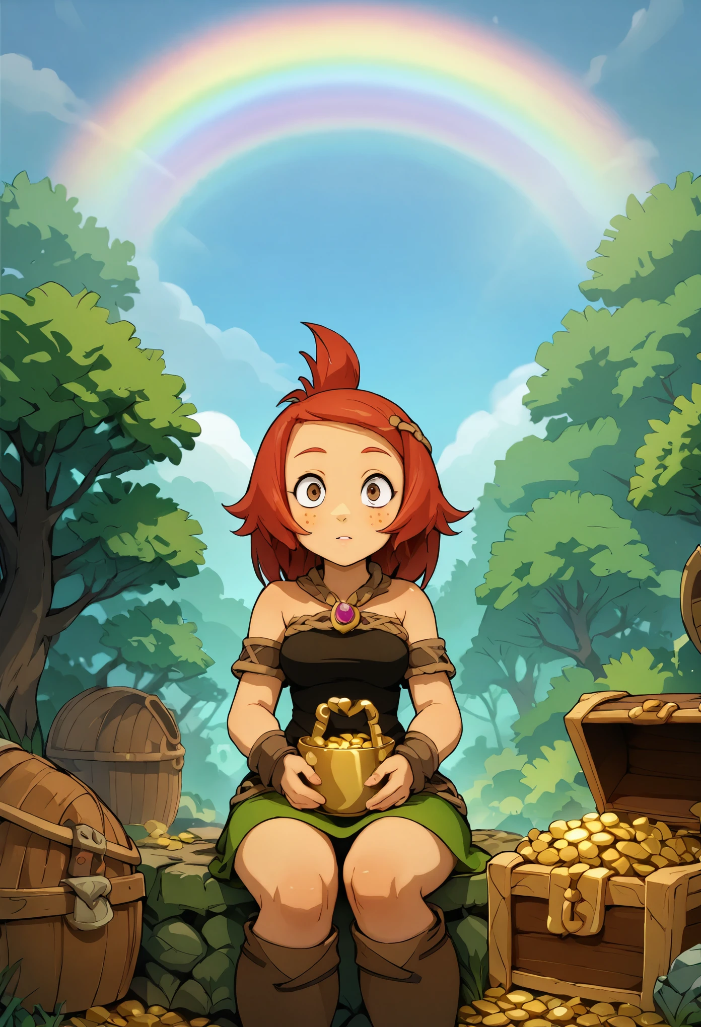 masterpiece,8k,16k,32k,absurd resolution,high resolutionMasterpiece,absurd resolution,8k,BucketGoldUnderTheRainbow,celtic style,1girl,red hair,freckles,celtic clothes,,nice hands,,sitting,looking up,looking at viewer,view from above,detailed hands,cute girl holding on her lap big bucket of gold and gems, under rainbow, rainbow, no humans, gem, tree, crystal, scenery, treasure chest, outdoors, sky, gold, gems,wakfu