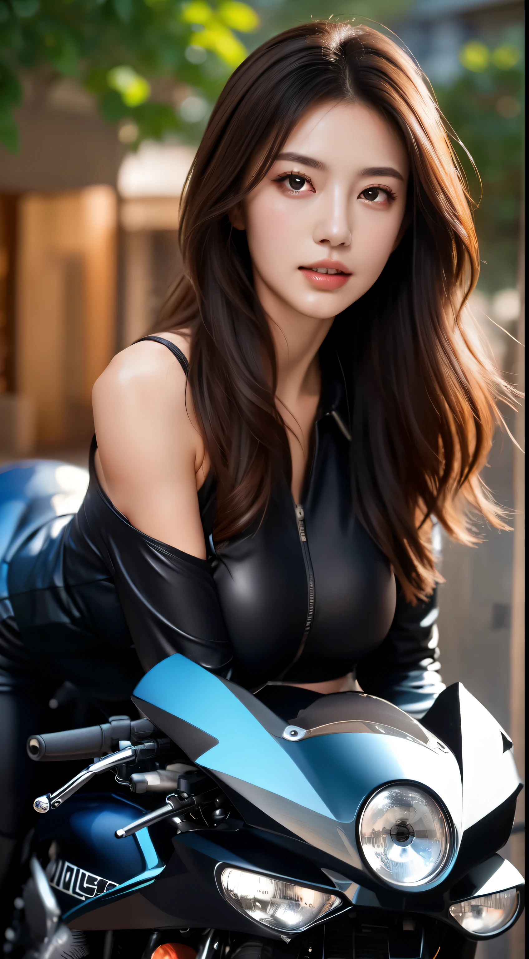 ((masterpiece)), ((highest quality)), ((High resolution)), ((detailed background)), (1 girl), pretty girl, black clothes, long hair, brown hair, black eye, ((detailed face and eyes)), wet lips, shine, whole body, Backlight, long slit eyes, ample breasts, big motor bike, rider suit, Fujiko Mine, Ride On, 