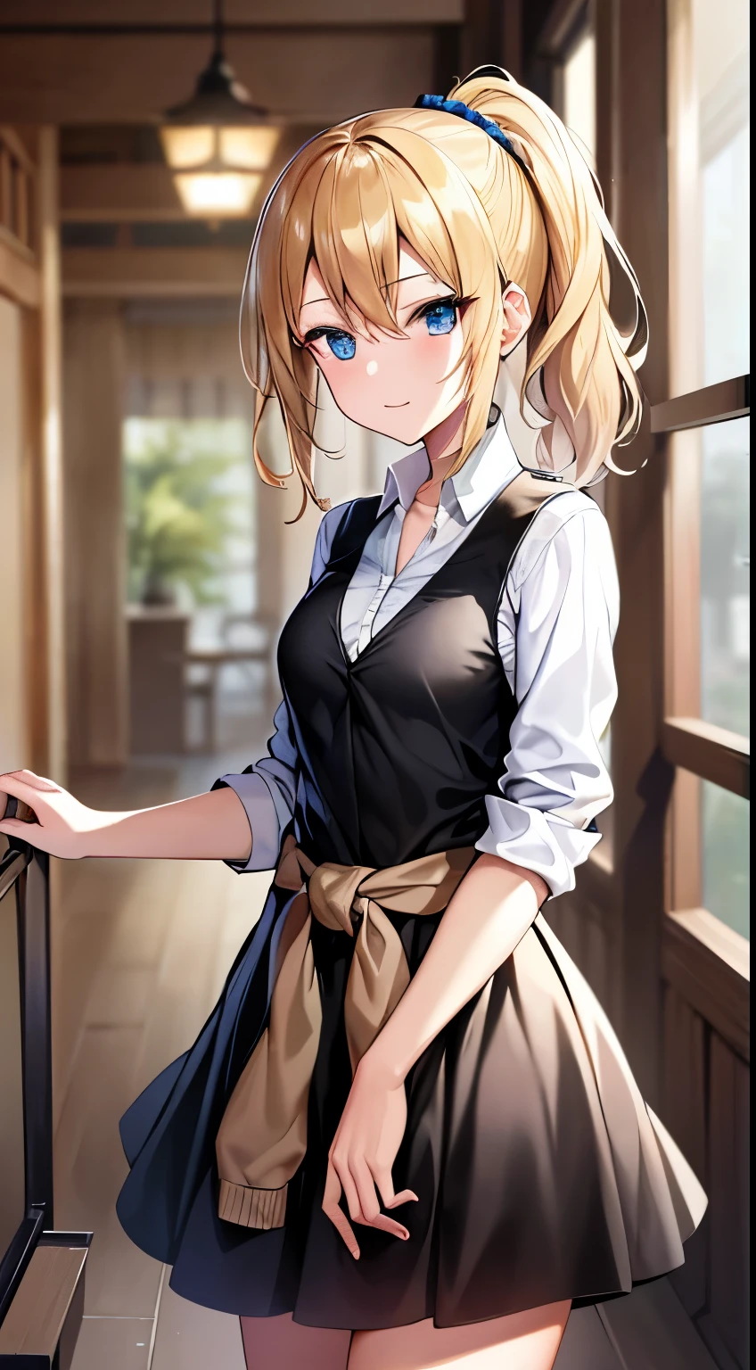 2d, masterpiece, best quality, anime, highly detailed, cowboy shot, 1girl, solo, hayasaka ai, blue eyes, blonde hair, black dress, white shirt, cardigan around waist, blue scrunchie, standing, indoors, hallway, smile