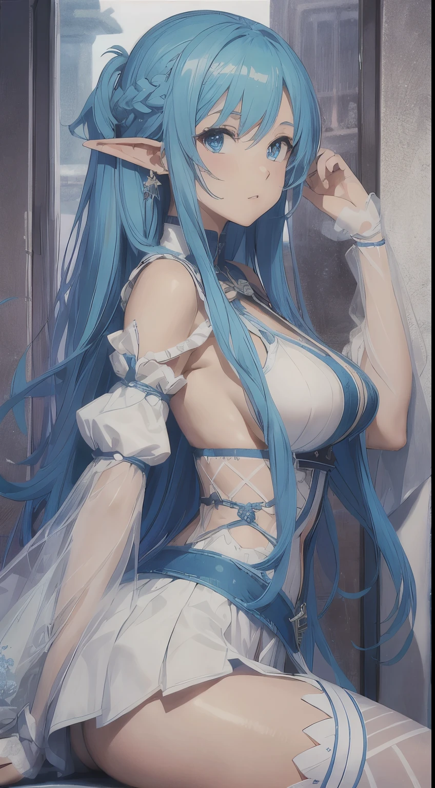 Black choker、((Beige knee-length short-sleeved dress))、(corset)、((Long blue hair))、Blue-green eyes、Severe myopia、(Red-rimmed glasses)、Big Breasts、、((Shy expression))、beautiful teacher、24-years-old、((highest quality))、((High resolution))、anime、(White off-shoulder)、Medieval Europe、Cleavage、((Skirts rolled up in the wind))、(Perfect Five Fingers)、Medieval Europe、((White lace panties are fully visible))、((Thong))、Back view