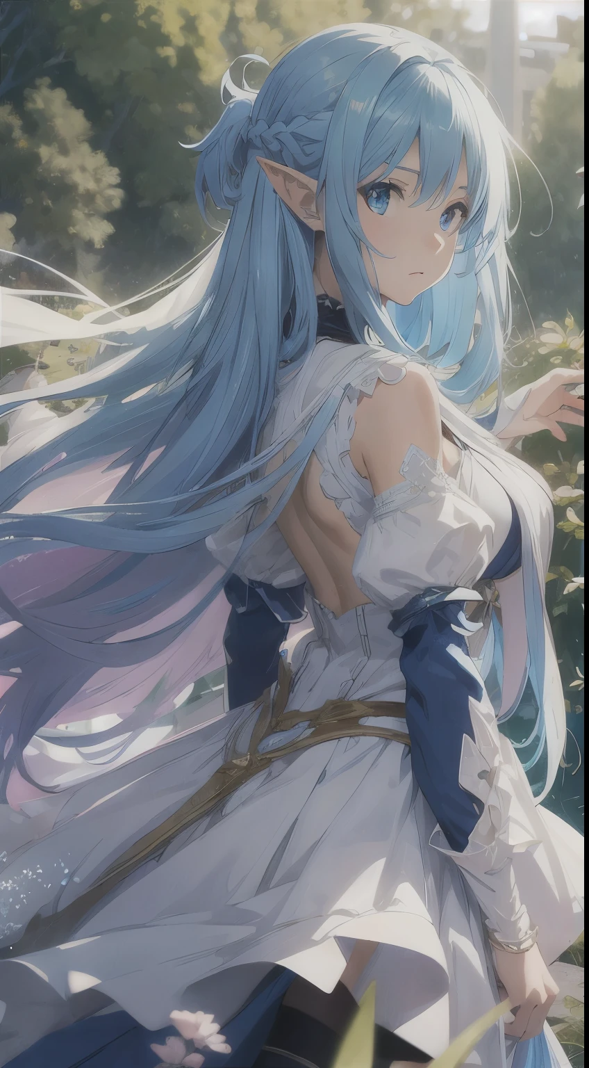 masterpiece, best quality, highres, bbasuna, long hair, blue hair, blue eyes, pointy ears, white dress, detached sleeves, blue thighhighs, from side, field, cowboy shot