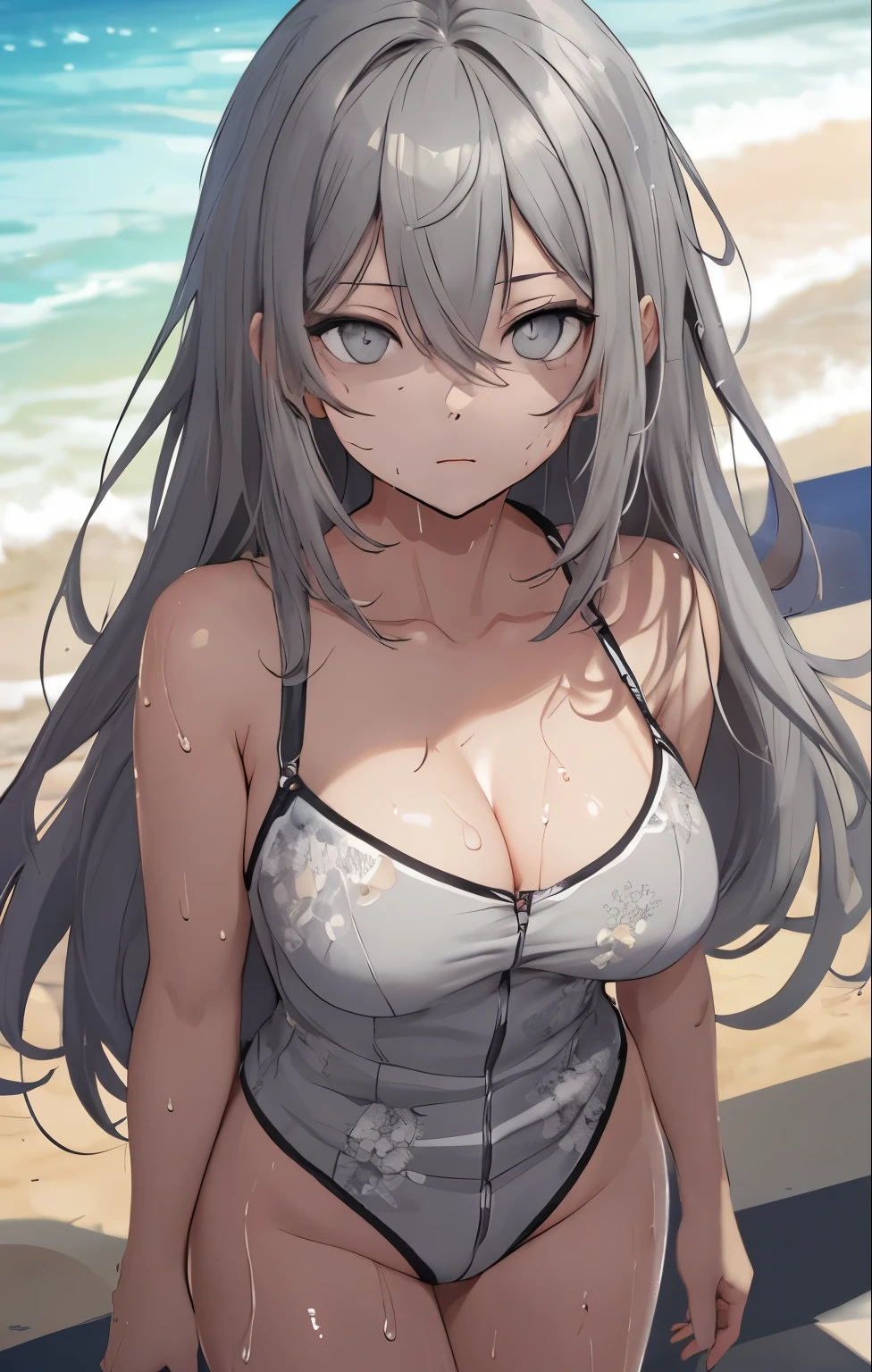 (masterpiece), (best quality), (ultra-detailed), (best illustration), 1girl, solo, vladilena milize, (grey eyes:1.5), grey hair, hair between eyes, long hair, ahoge, swimsuit, wet, wet hair, wet face, wet skin, shiny skin,
BREAK blurry background, beach,
BREAK cowboy shot, standing, expressionless, arms at sides, closed mouth,