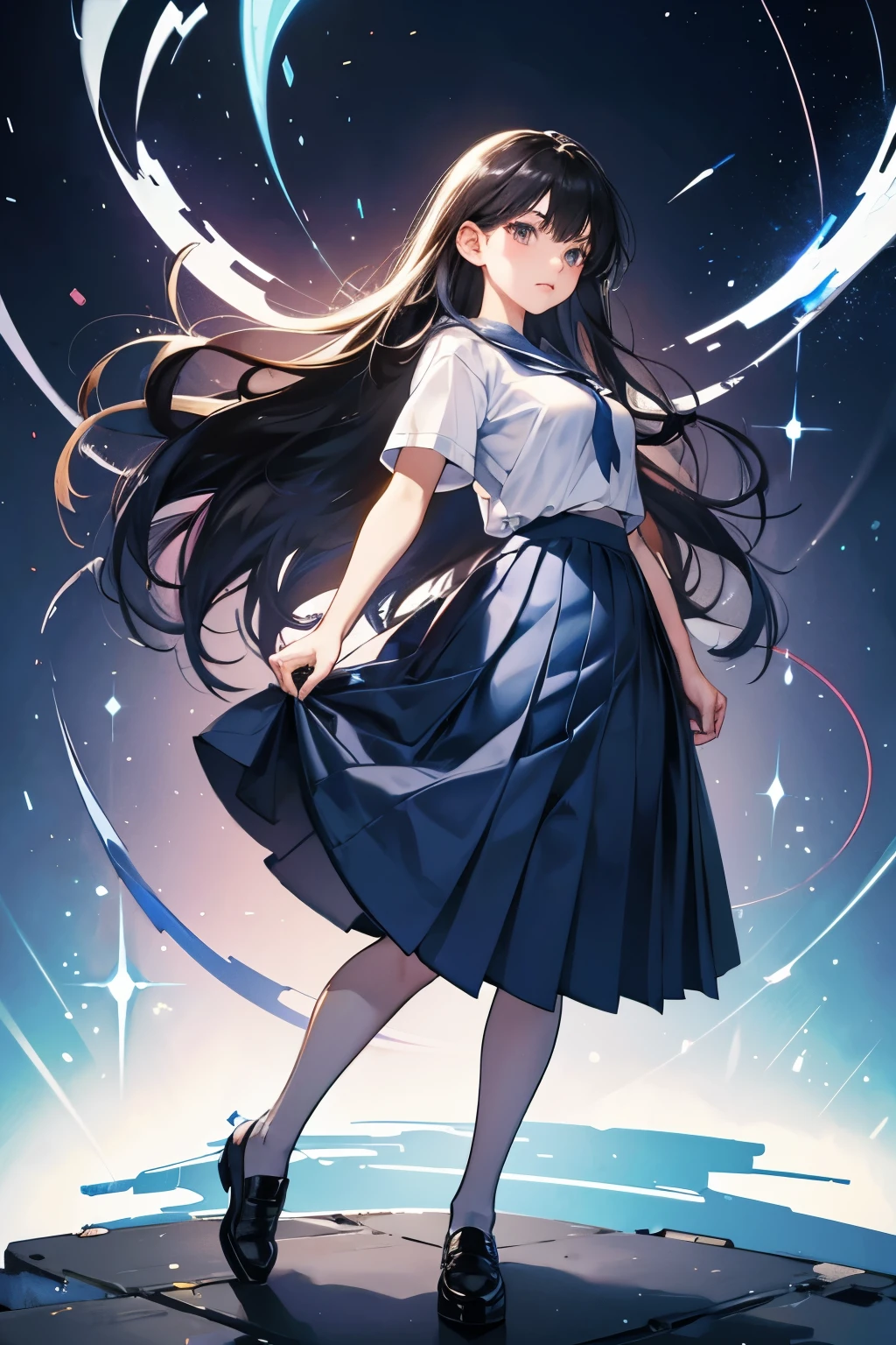 (extremely detailed CG:1.2), (masterpiece:1.2), (best quality:1.2),,((absurdres)),looking at viewer,full body, ,(1girl),solo,(long hair),(mathayom uniform),(white shirt short sleeves),(navy_blue pleated skirt),(long skirt),dynamic angle,standing,dynamic pose,((Delicate facial features)),, 