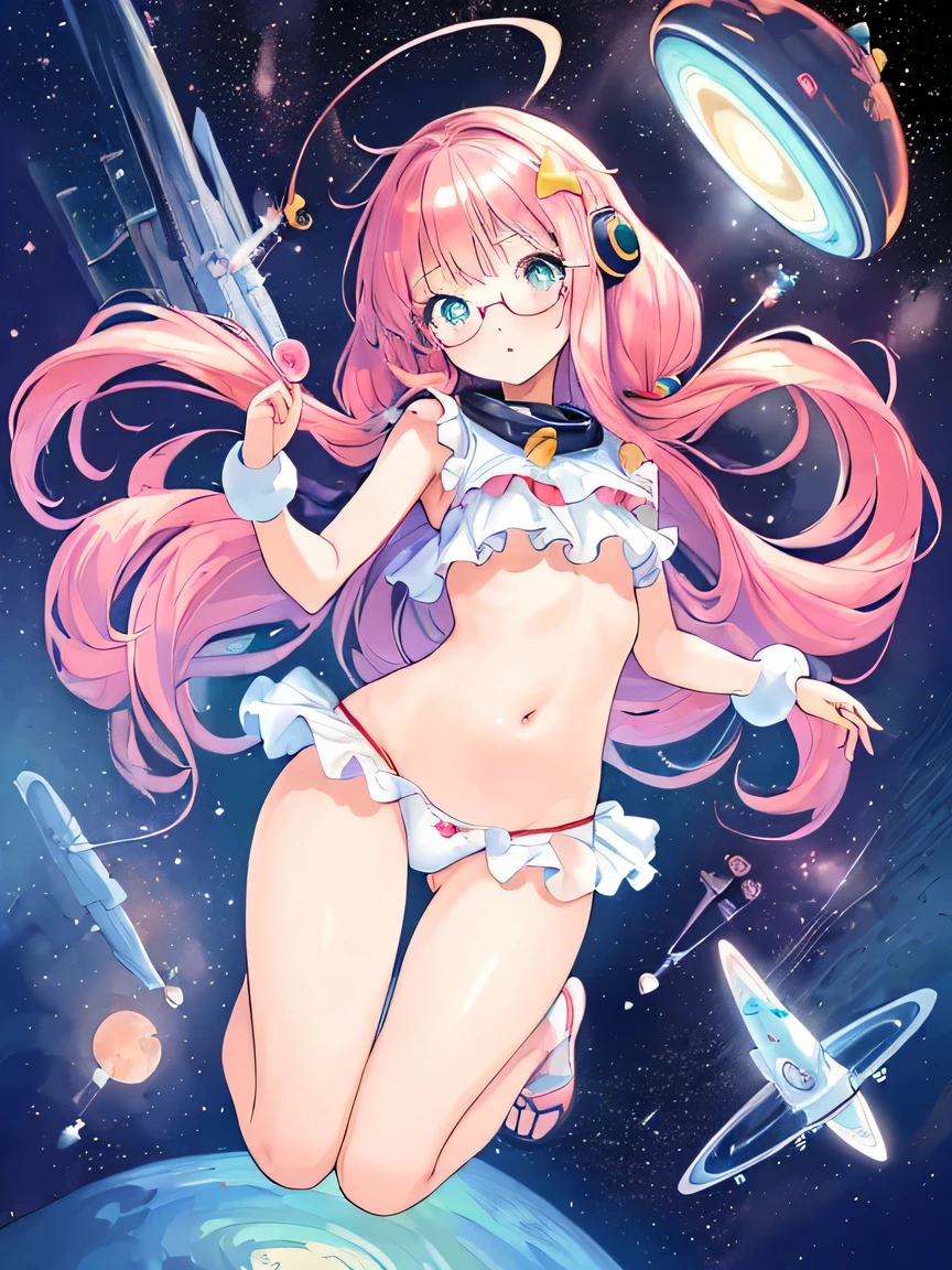 ((masterpiece)), ((highest quality)), (Super detailed), (cute), cute, cute, Lovely, figure, anime style, full body, full body focus, (beautiful eyes), a cute girl, 1 girl, alone, outer space, floating in space, Bikini Swimsuit Beautiful Straight Long Hair, Glasses, slim, thin, Medium chest, surprised face, jumping, active pose.