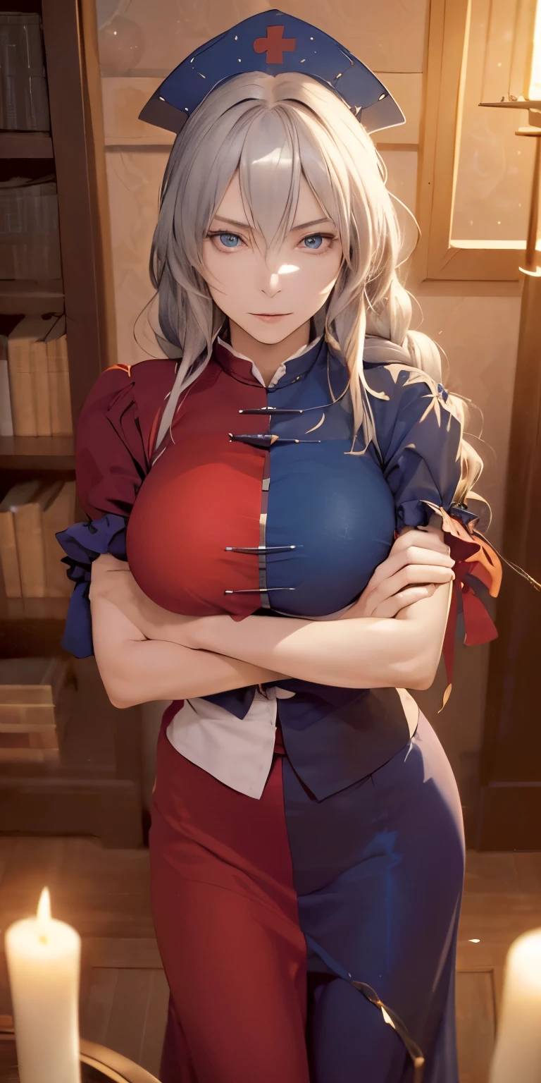 (masterpiece, best quality:1.3), (upper body:1.3), Yagokoro Eirin, Touhou Series, perfect face, expressive eyes, 1woman, looking at viewer, 38 years old, gorgeous body, big breast, beautiful, anime, lora,1woman, silver hair, braid hair, nurse cap, red and blue clothes, long skirt, (evil look, looking down on viewer:1.5), (crossed arms:1.5), (cinematic lighting, realistic, dream-like, enchanting atmosphere:1.5), (photo of a woman in her dark and mysterious environment:1.3), (the woman surrounded by an aura of mystery and intrigue:1.3), (a japanese-style hallway and fusuma doors extend all the way to the back:1.3), (candles flickering, casting dancing shadows around the room:1.3), (the dim lighting adding to the ambiance of secrecy and mysticism:1.3), (a crystal ball nearby, adding to the mystical setting:1.3), (symbols of astrology and esoteric knowledge decorating the room:1.3), (a hint of incense in the air, adding to the sensory experience:1.3), 