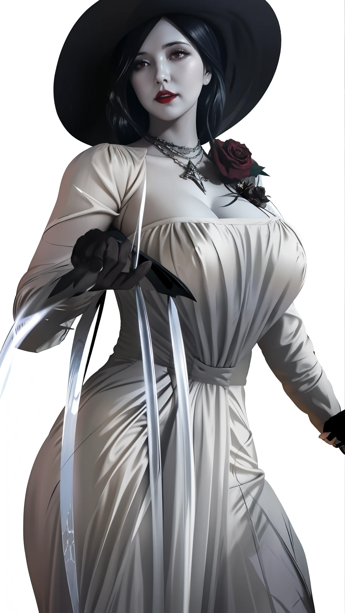 a close up of a woman in a dress and hat with claws, lady dimitrescu, lolth, albedo from overlord, albedo from the anime overlord, abigail larson, succubus in sundress portrait, official character art, commission for high res, yoko taro, cushart krenz key art feminine, render of april, more details