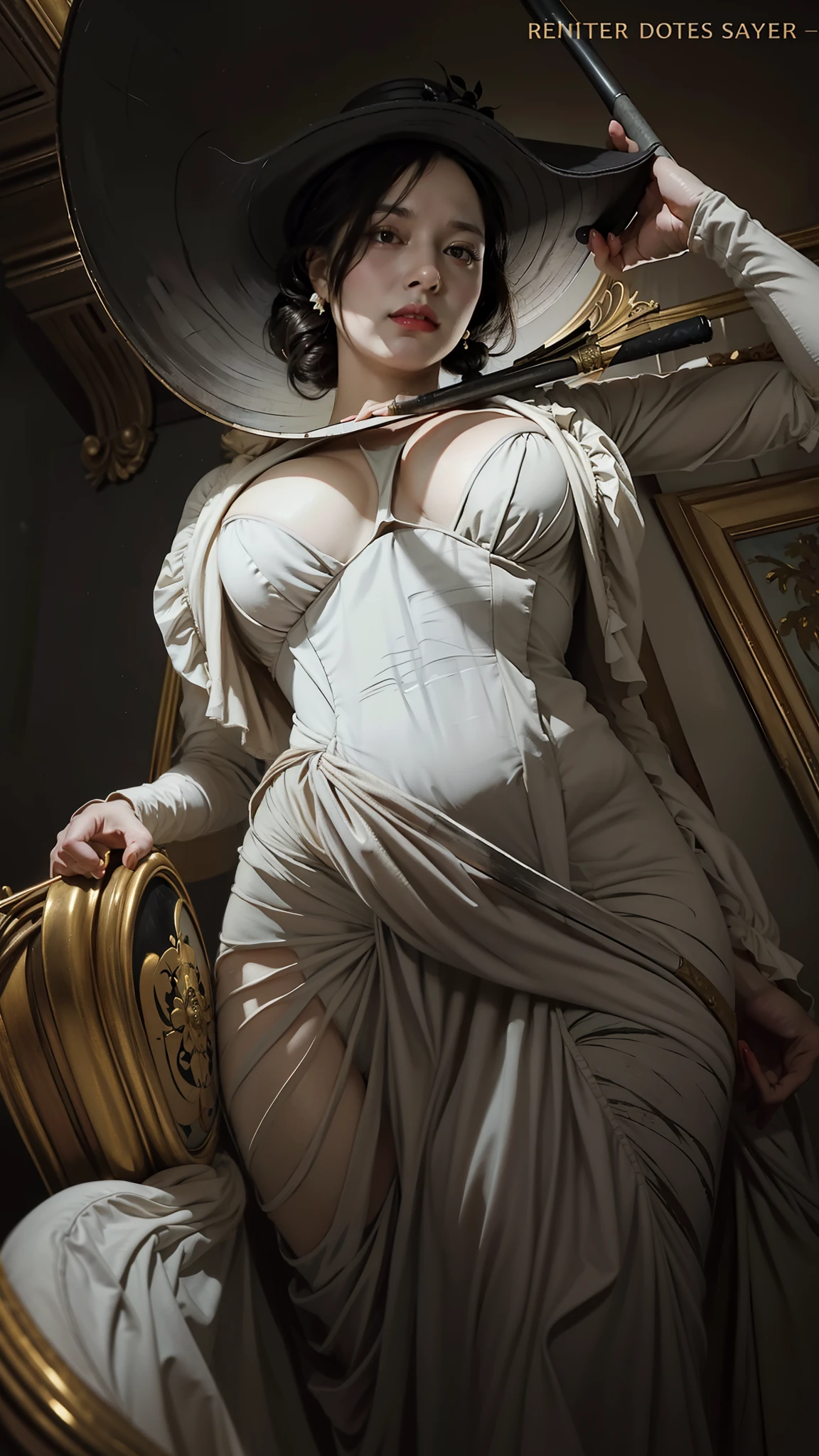 painting of a woman with a hat and a dress holding a baseball bat, Lady Dimitrescu, inspired by Roberto Ferri, inspired by Jens Ferdinand Willumsen, inspired by Pierre Auguste Cot, low detailed. digital painting, by Roberto Ferri, greek myth digital painting, artstation painting, inspired by Alexandre Cabanel, inspired by WLOP