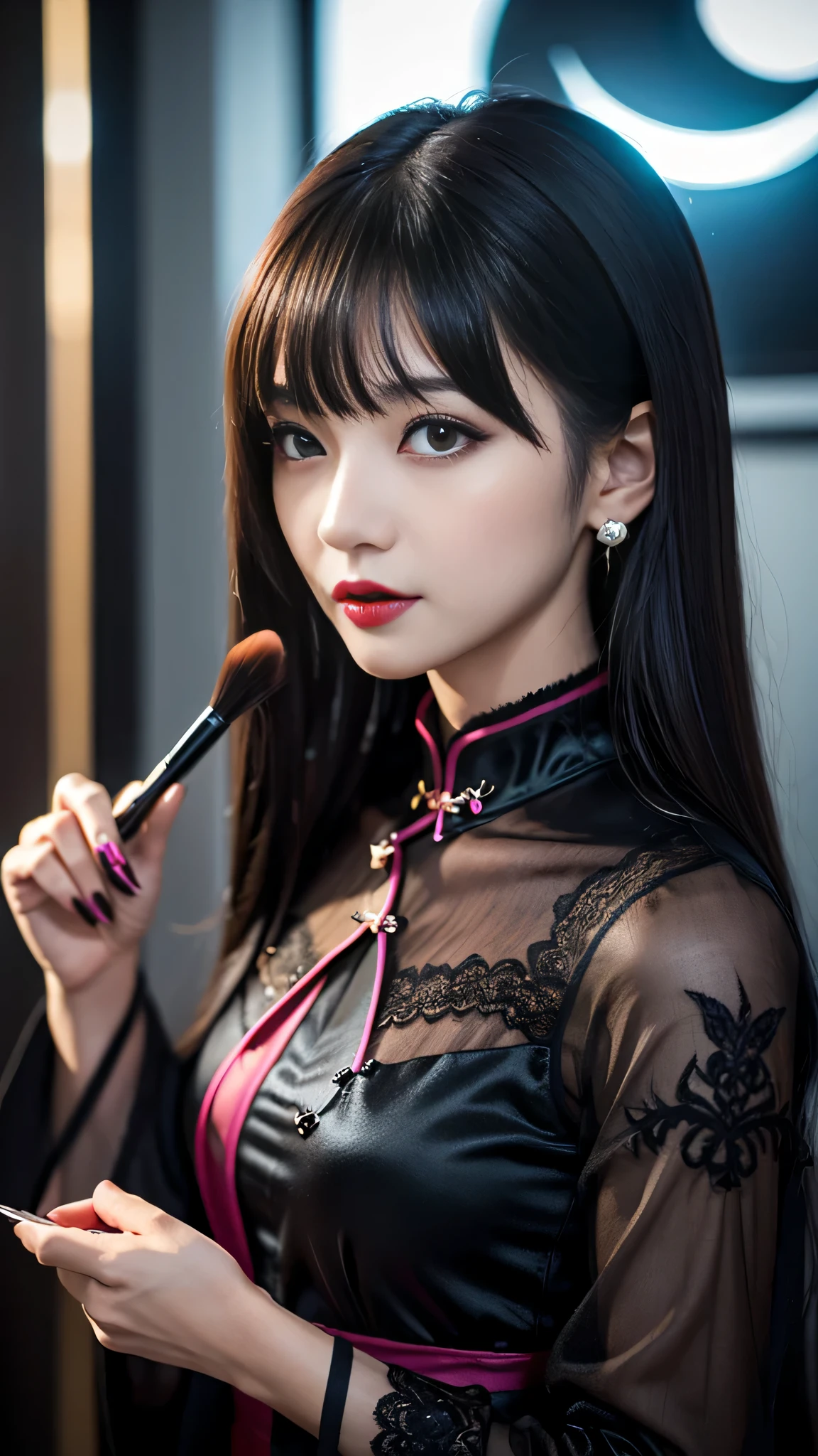 detailed、Japanese、charming beauty、seductive adult woman、Beautiful woman、sharp eyes、cool girl、wavy hair、flowing bangs、long black cheongsam、wide sleeve、evilの幹部、evil depravity、brainwashing、Mind control、lipstick、lip gloss、grin、evilな表情、evil、empty eyes、evil、night walk、vampire、Succubus、vampire、makeup brush