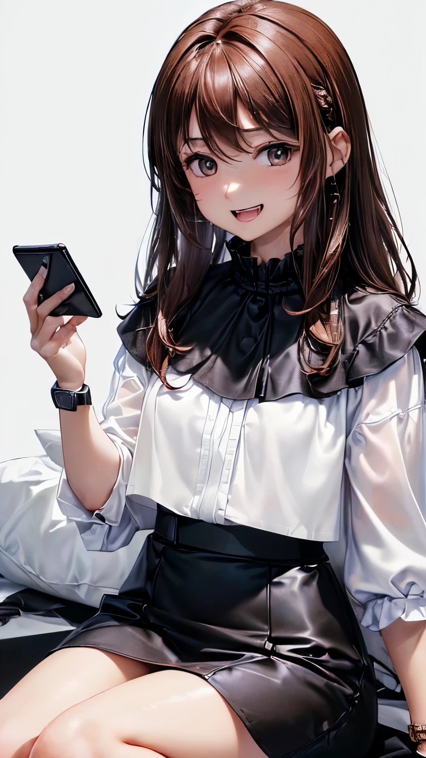 (((pure white wall background)))、(((8K、best image quality)))、(((I have a laptop)))、(((brown hair)))、(((long hair)))、(((wearing a black blouse)))、(((laughing)))、(((It&#39;s a bitter expression)))、(((sitting)))、(((I&#39;m wearing a small watch)))、(((I have a mobile phone)))、(((bust shot)))、(((looking at smartphone)))