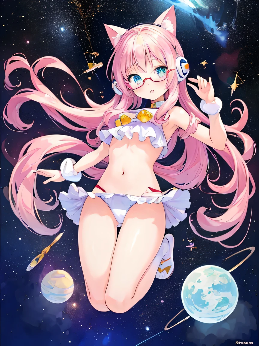 ((masterpiece)), ((highest quality)), (Super detailed), (cute), cute, cute, Lovely, figure, anime style, full body, full body focus, (beautiful eyes), a cute girl, 1 girl, alone, outer space, floating in space, white ruffle bikini swimsuit, beautiful straight long hair, Glasses, slim, thin, Medium chest, surprised face, jumping, active pose.