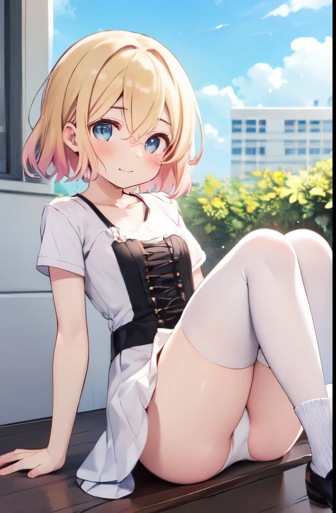 maminanami, mami nanami, short hair, blue eyes, blonde hair, hair between eyes, (small breasts:1.2),
BREAK skirt, shirt, collarbone, white shirt, short sleeves, frills, shoes, socks, white socks, corset,
BREAK looking at viewer, full body,
BREAK outdoors,
BREAK (masterpiece:1.2), best quality, high resolution, unity 8k wallpaper, (illustration:0.8), (beautiful detailed eyes:1.6), extremely detailed face, perfect lighting, extremely detailed CG, (perfect hands, perfect anatomy), little, (white panties:1.5), groin, perineum, thighhighs, (spread legs, knee up:1.5), blush, smile, medium breasts, sitting, on bed, cowboy shot, my room