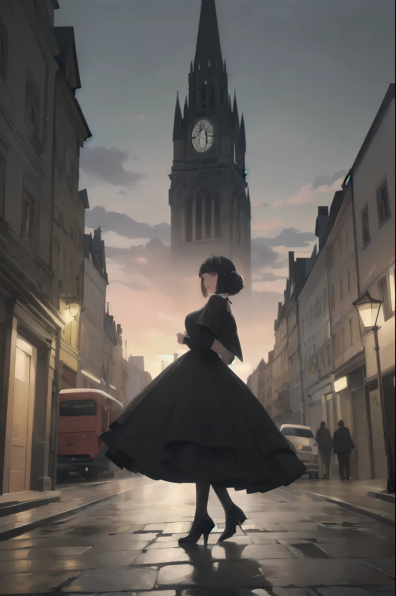 The fantastic and artistic illustration depicts Cleopatra standing on a moonlit rooftop in 1920s Vienna. She is dressed in a sumptuous Lolita-style dress, her chestnut curls flowing down her back. Below, the cobblestone street is bathed in soft light, and the silhouette of Stephans Cathedral looms in the distance. Bold posing with a cinematic effect and the cuteness of the character at the forefront.