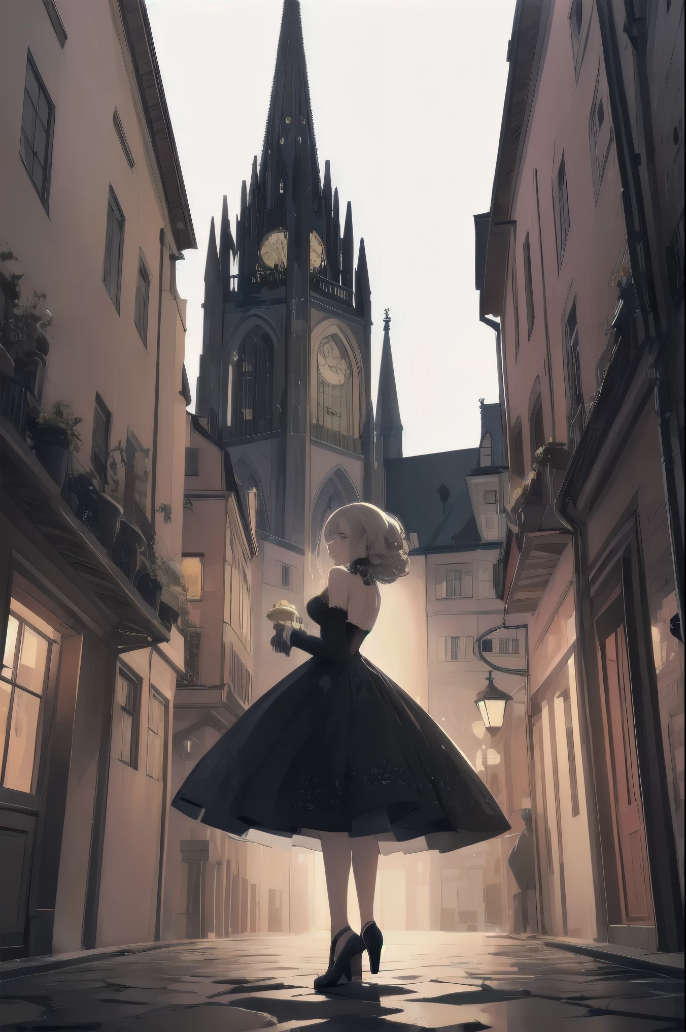 The fantastic and artistic illustration depicts Cleopatra standing on a moonlit rooftop in 1920s Vienna. She is dressed in a sumptuous Lolita-style dress, her chestnut curls flowing down her back. Below, the cobblestone street is bathed in soft light, and the silhouette of Stephans Cathedral looms in the distance. Bold posing with a cinematic effect and the cuteness of the character at the forefront.