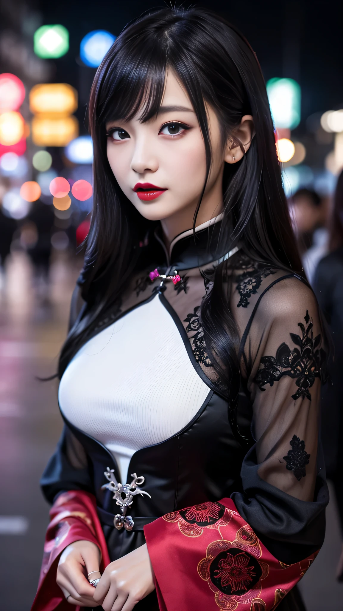 detailed、Japanese、charming beauty、seductive adult woman、Beautiful woman、sharp eyes、cool girl、wavy hair、flowing bangs、long black cheongsam、wide sleeve、evilの幹部、evil depravity、brainwashing、Mind control、lipstick、lip gloss、grin、evilな表情、evil、empty eyes、evil、night walk、vampire、Succubus、vampire、makeup brush