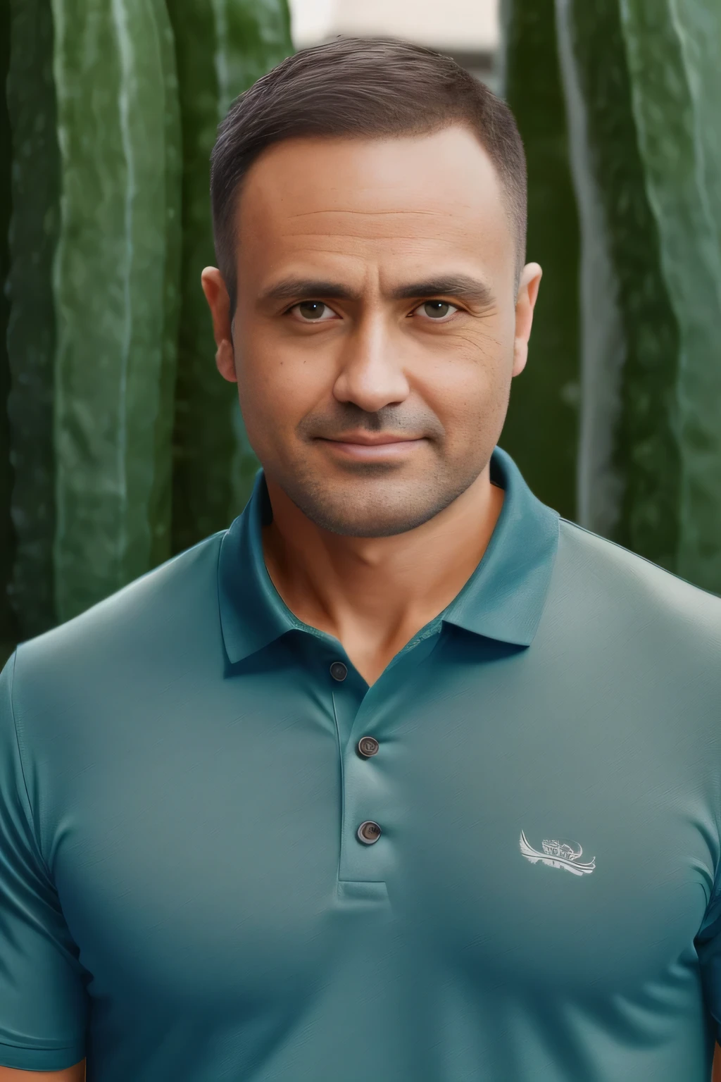 (the Extremely Detailed CG Unity 8K Wallpapers,masutepiece, Best Quality, Ultra-detailed), Gray background,man approximately 40 years old, greenish brown eyes, short brown hair, photorealistic in blue t-shirt, front camera focus, SMOOTH FACE、Looking at the camera、Yakuza impressions、well-muscled、Undercut、sidecut, a blond:2.0、(Light Brown Mesh)、A smile、Bright blue polo shirt:1.5, ((Cucumber farmer))