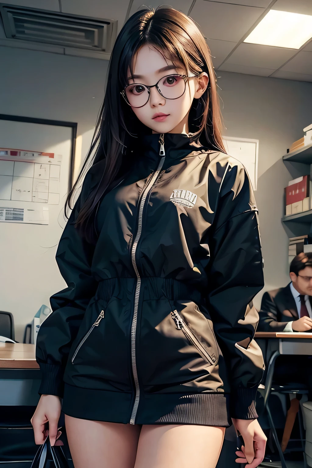 masterpiece, highly detailed, perfect proportions, 1 girl, wearing glasses, medium length hair, high schooler, short, likes math, wearing a jacket