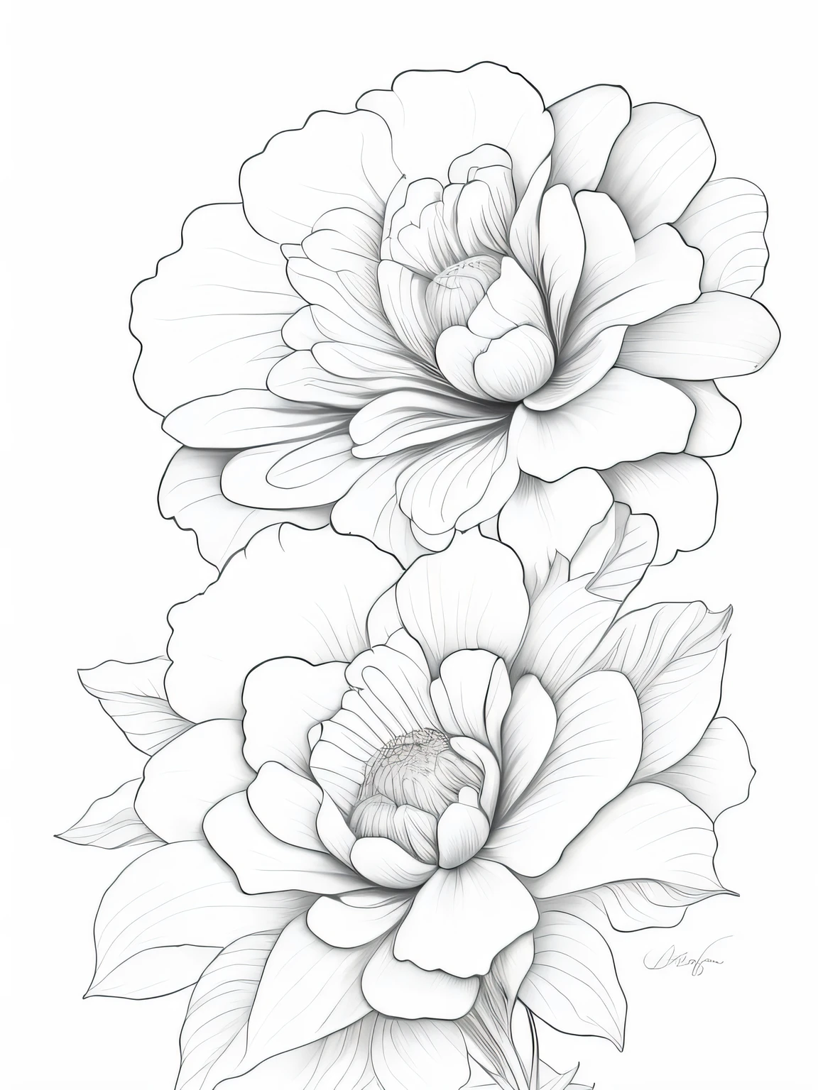 a drawing of two zinnias flowers with a white background, detailed flowers, black and white detailed sketch, detailed sketch, highly detailed sketch, flowers with intricate detail, detailed sketch drawing, medium sized tattoo sketch, tattoo design, tattoo design sketch, highly detailed drawing, sketch black and white colors, realism tattoo sketch, realism tattoo drawing, line drawing tattoos, very detailed shading