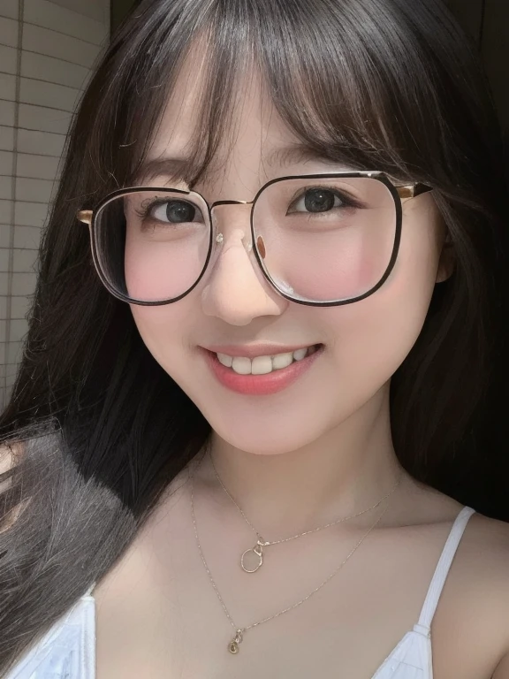 (realistic、masterpiece、Best Quality、8K、highres、high resolution:1.3)、1 glasses girl、Huge breasts、smile, white bikini、pale white skin、looking at viewers、super fine face and eyes、long hair、indoor、 upper body、