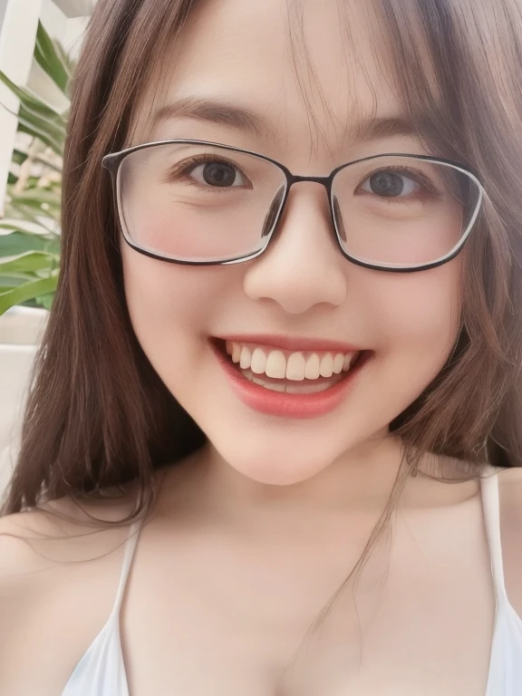(realistic、masterpiece、Best Quality、8K、highres、high resolution:1.3)、1 glasses girl、Huge breasts、smile、white bikini、pale white skin、looking at viewers、super fine face and eyes、long hair、indoor、 upper body、