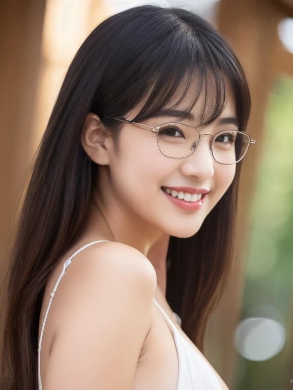 (realistic、masterpiece、Best Quality、8K、highres、high resolution:1.3)、1 glasses girl、smile, Huge breasts、white bikini、pale white skin、looking at viewers、super fine face and eyes、long hair、indoor、 upper body、