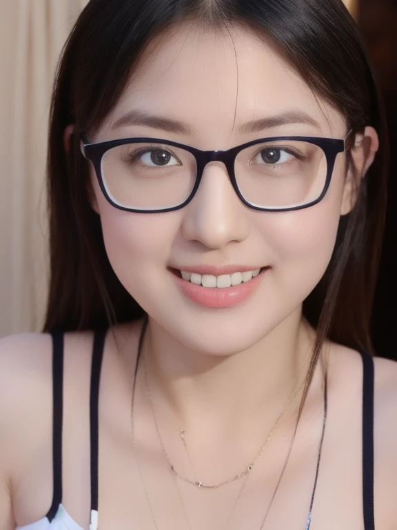 (realistic、masterpiece、Best Quality、8K、highres、high resolution:1.3)、1 glasses girl、smile、Huge breasts、white bikini、pale white skin、looking at viewers、super fine face and eyes、long hair、indoor、 upper body、