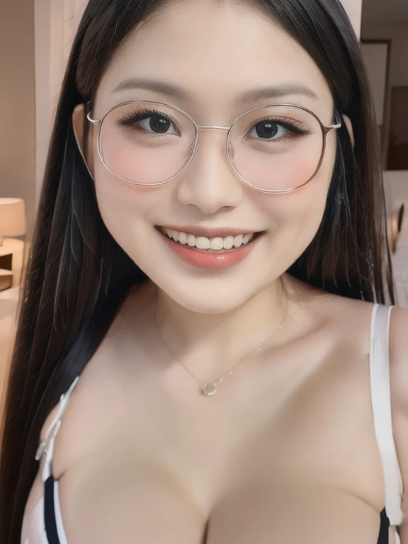 (realistic、masterpiece、Best Quality、8K、highres、high resolution:1.3)、1 glasses girl、smile、Huge breasts、white bikini、pale white skin、looking at viewers、super fine face and eyes、long hair、indoor、 upper body、