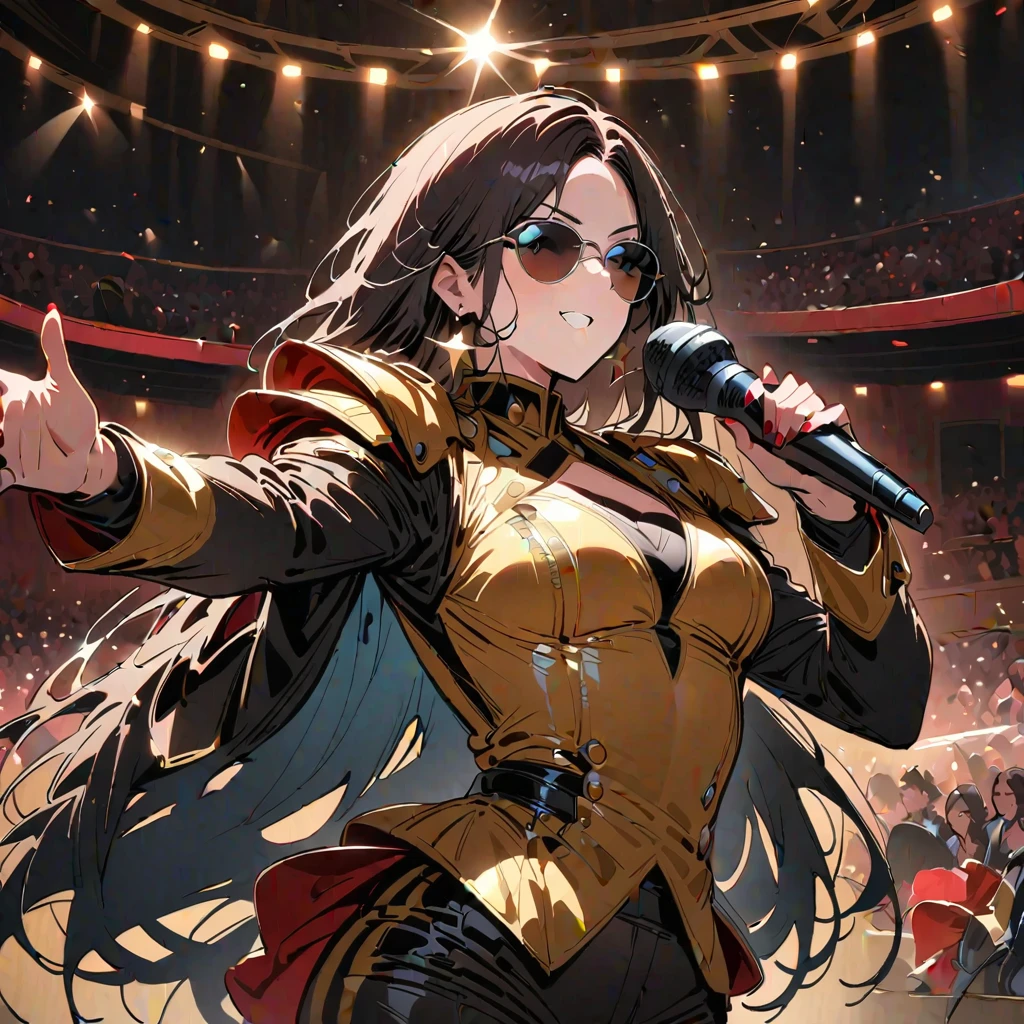 Michael Jackson concert, masterpiece, 8K, high-definition resolution, cinematic lighting, theater, lighting, performance, Michael Jackson, ((microphone: 1.5)), concert, performance, stylish clothes, singer, idol, super detailed face, ((super detailed)), ((delicate face)), (emphasis, gradient hair), glutathione, looking at the audience, ((long shot)), strong lighting and shadow, cinematic shot, masterpiece, super high quality, theater stage, Michael Jackson singing through a microphone on stage in a tight-fitting outfit, putting on stage costumes, singing on stage, Stylish lens, Michael Jackson in a gold outfit and sunglasses, Michael_Jackson, with shoulder pads, wearing a black uniform, he is a rock star, magnificent pose, golden accent, Michael Jackson's style, gilt black uniform.